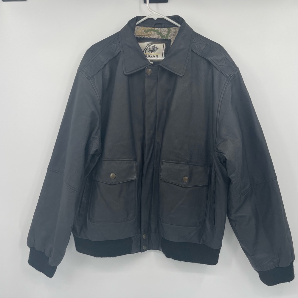 Cougar Leather Jacket Vintage Zip Up & Snap 4 Outside Pockets Lined Black Large